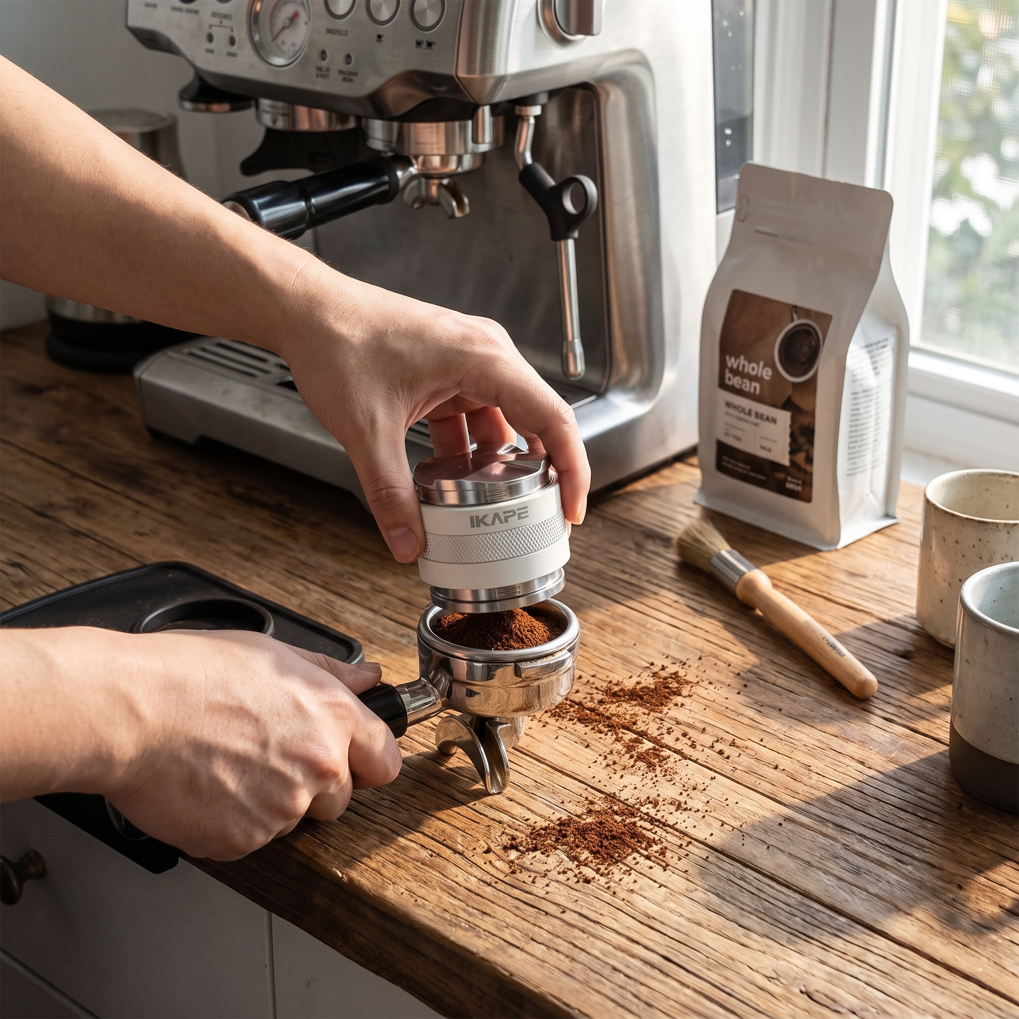IKAPE Coffee Distributor & Hand Tamper, 2 in 1 Adjustable Depth Espresso Distributor