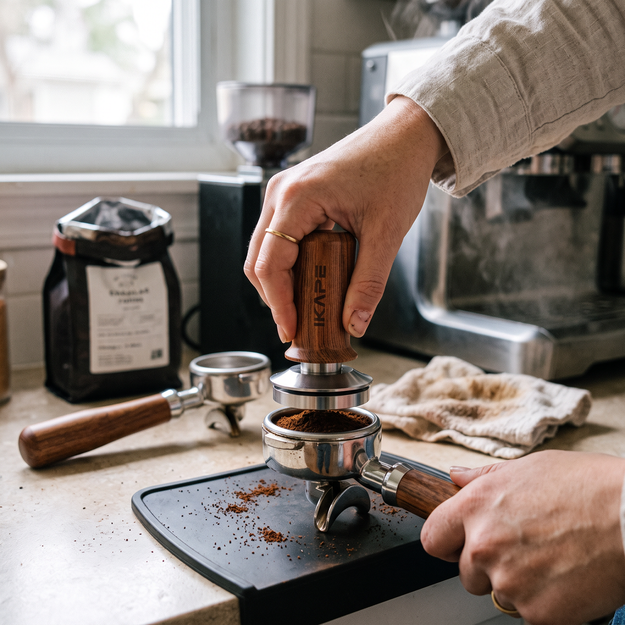 IKAPE Coffee Tamper with Wooden Handle,Spring-loaded Calibrated Tamper