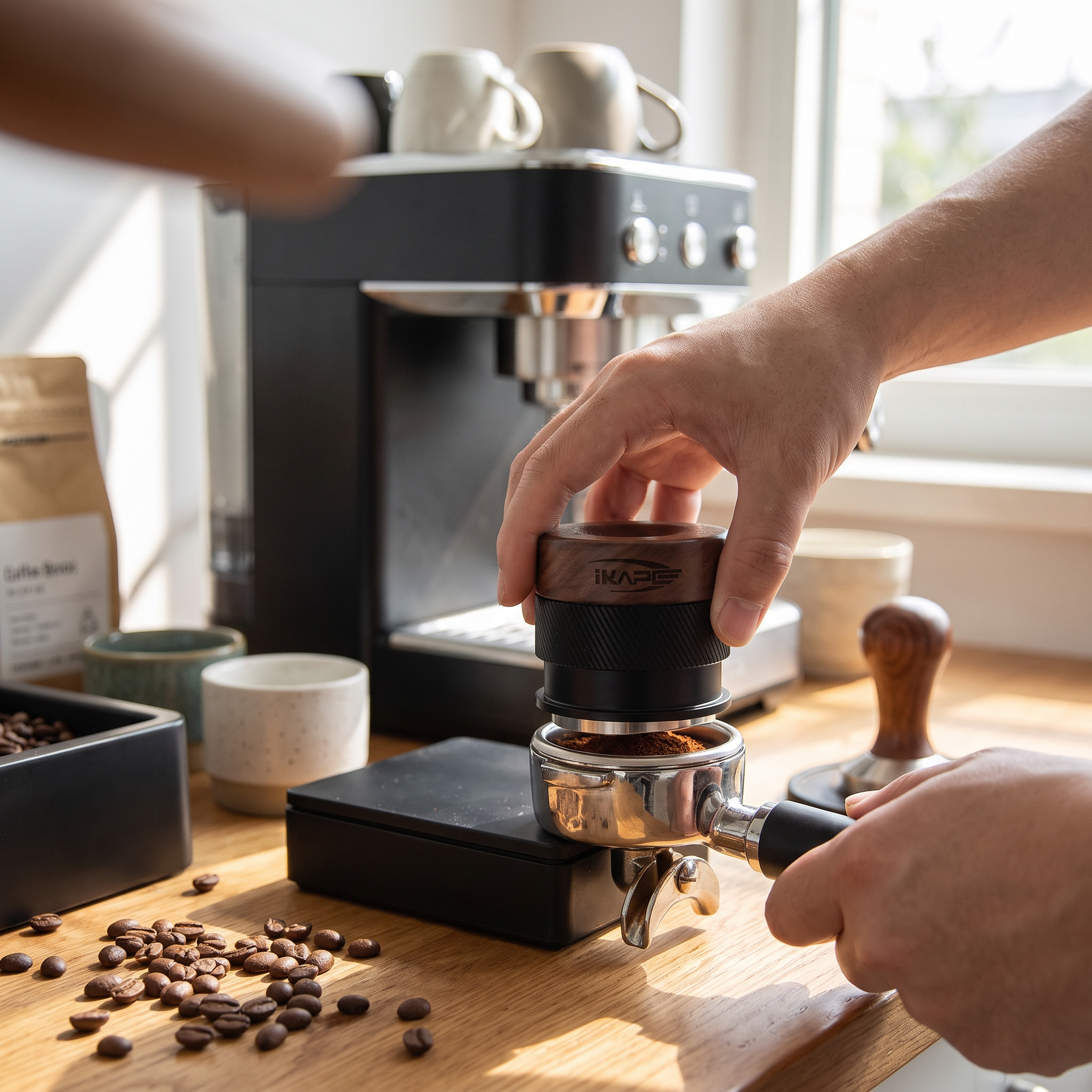 IKAPE V4 Espresso Calibrated Tamper with Spring Loaded(Wooden Handle,Black Base)